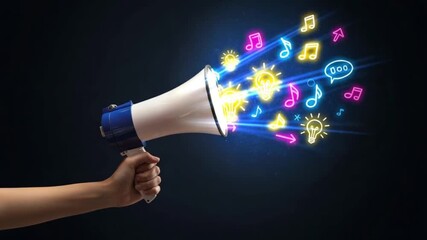 A hand holds a megaphone, with colorful musical notes and lightbulb icons radiating outward