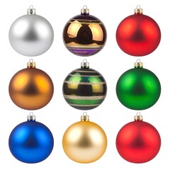 Nine Christmas ornaments in varying colors, metallic finishes, and textures, arranged in a grid against a white background