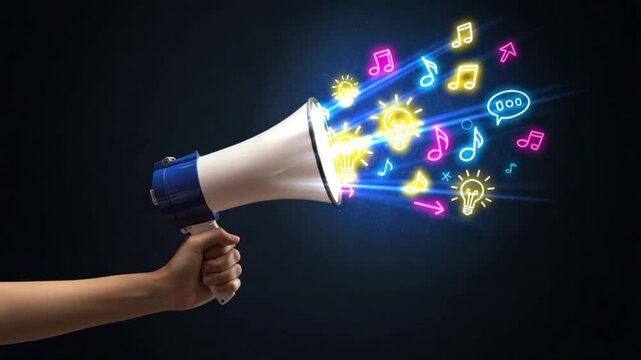 A hand holds a megaphone, with colorful musical notes and lightbulb icons radiating outward