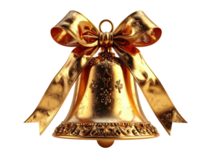 Gold bell with decorative details and ribbon bow against black