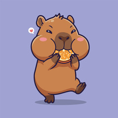 Fototapeta premium Cute Cartoon Capybara Eating Orange Slice with Puffy Cheeks Vector Illustration