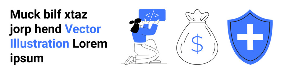 Obraz premium Coding education, financial planning, online safety, insurance, software development, web security. Woman programming on laptop, money bag and shield with cross. Coding education and financial