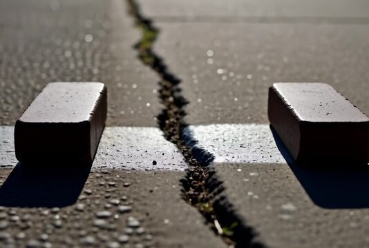 Cracked concrete sidewalk with two rectangular blocks and long shadows