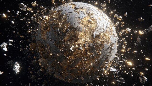 A grey and gold sphere violently explodes, showering fragments across a dark background.  Debris, ranging in size, streaks outwards with glowing edges