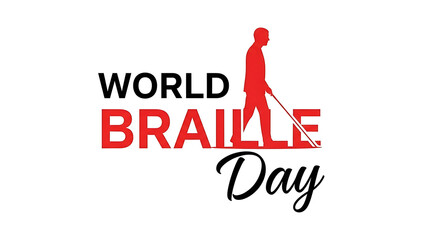 World braille day awareness illustration featuring a visually impaired person with a white cane