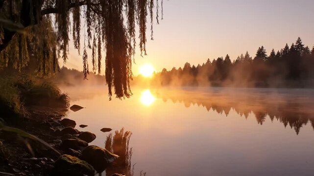 Morning mist over lake with willow tree