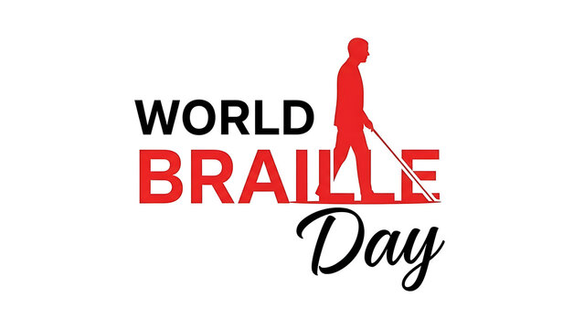 World braille day awareness illustration featuring a visually impaired person with a white cane - Powered by Adobe