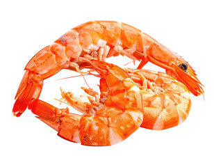 Three cooked shrimp, vibrant orange, on a stark black background