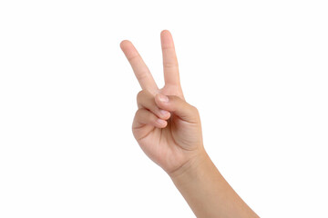 Close-up of young girl&rsquo;s hand making a V sign, minimal and bright white backdrop.