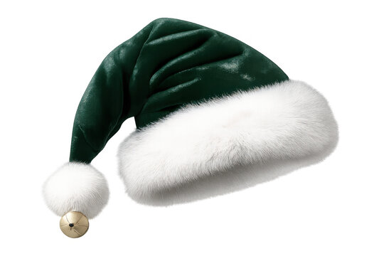Green felt santa hat with white fur trim and jingle bell pom-pom, christmas holiday fashion accessory for festive celebrations