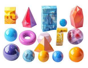 Colorful 3D geometric shapes, spheres, and other forms arranged on black