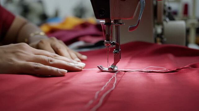 Person sewing red fabric with machine