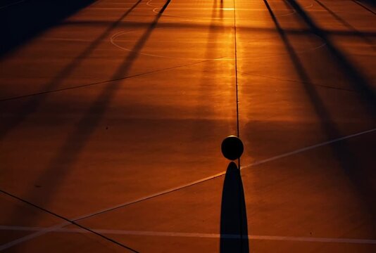 Silhouette of a ball on a basketball court during sunset with shadows