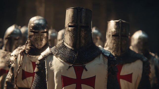 Knights Templar in formation: A close-up view of armored knights in formation, showcasing their unwavering resolve. the image evokes a sense of historical gravitas and the enduring power of faith.