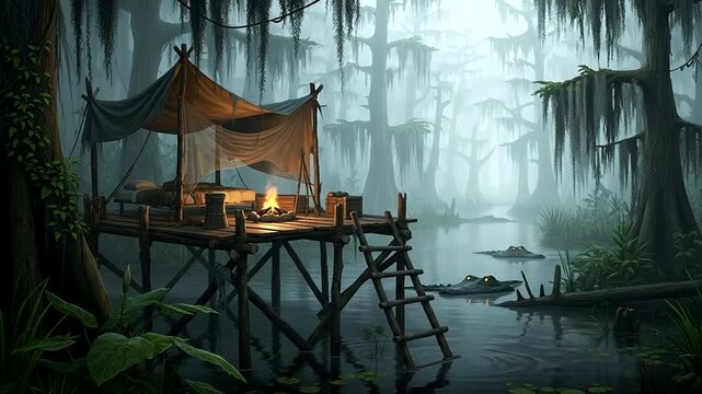 Serene swamp campsite with fog and wildlife nearby