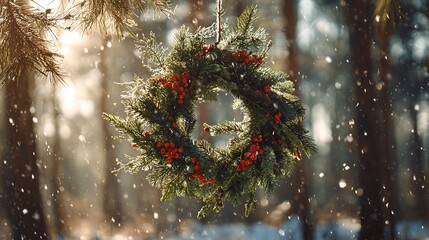 Christmas wreath in a winter forest, hanging on a dead branch, pine needles with red berries, snowflakes falling, sunlight penetrating the trees