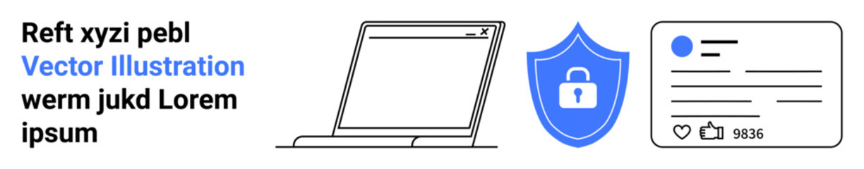 Online safety, cybersecurity, data protection, digital identity, secure login, social media protection. Laptop, shield with lock user profile. Online safety and cybersecurity concept