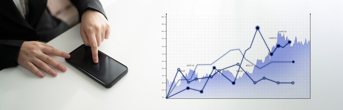 A business analyst uses a smartphone to explore data trends alongside a digital graph, highlighting financial growth and assisting in informed decision-making. Scalp - Powered by Adobe