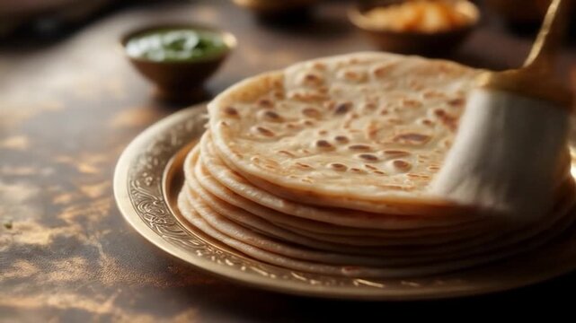 Process of making Indian flatbread paratha with butter, slow motion preparation video