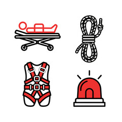 Naklejka premium Emergency Rescue Icons - Stretcher, Rope, Harness, and Siren with Red Accents.