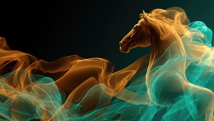 A majestic horse's head and neck emerge from swirling, translucent, teal and amber smoke against a dark background, creating an ethereal and dynamic image