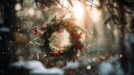 Christmas wreath in a winter forest, hanging on a dead branch, pine needles with red berries, snowflakes falling, sunlight penetrating the trees