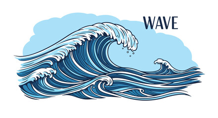 Dynamic Ocean Waves Illustration with Detailed Line Work and Blue Tones.