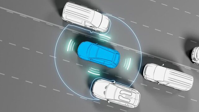 Autonomous vehicle sensor technology detecting surrounding traffic illustration