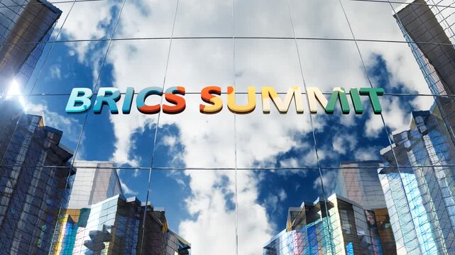 BRICS Summit colorful gradient text building glass signage