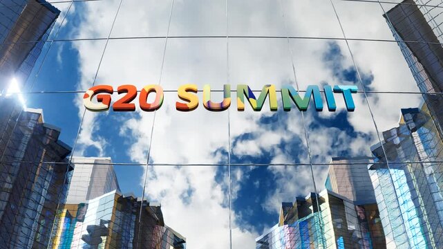 G20 Summit colorful lettering on reflective building glass
