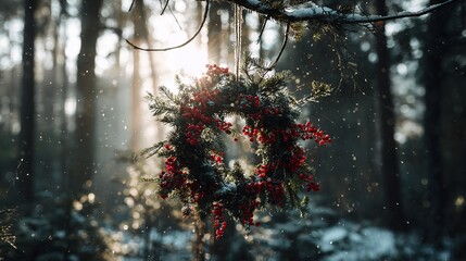 Christmas wreath in a winter forest, hanging on a dead branch, pine needles with red berries, snowflakes falling, sunlight penetrating the trees