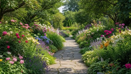 Naklejka premium Serene garden pathway surrounded by colorful blooming flowers and lush green trees in springtime