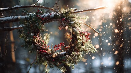 Christmas wreath in a winter forest, hanging on a dead branch, pine needles with red berries, snowflakes falling, sunlight penetrating the trees