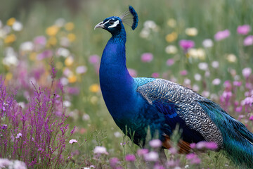 Obraz premium a peacock standing in a field of flowers