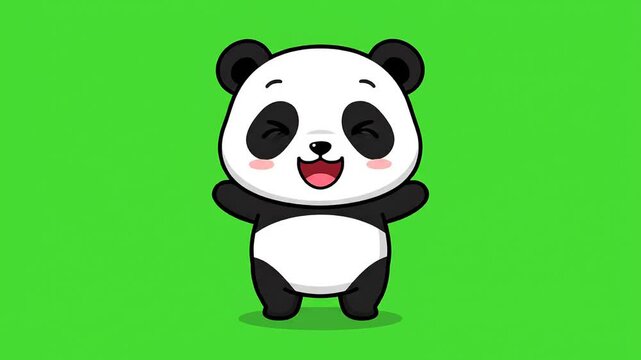 Happy smiling panda mascot cartoon animation on bright green chroma key screen background graphic element illustration