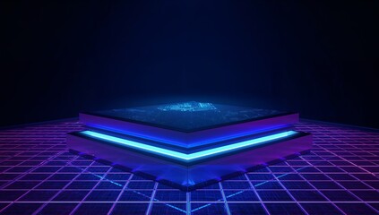 Abstract futuristic illuminated stage with vibrant neon lighting and geometric grid background