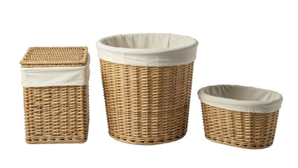 Set of wicker storage baskets with fabric liners for laundry isolated on white background