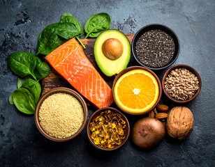 Overhead shot displays a selection of healthy foods, including salmon, avocado, spinach, seeds, nuts, and an orange, arranged on a dark surface