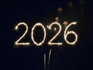 Sparkling fireworks display forming the year 2026 in a dark night sky