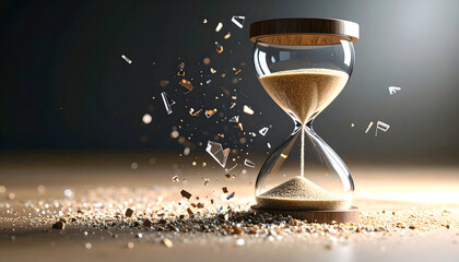 Glass hourglass with floating shards and sand particles, dramatic cinematic lighting illustrating time breaking, uncertainty, urgency, and abstract conceptual storytelling.