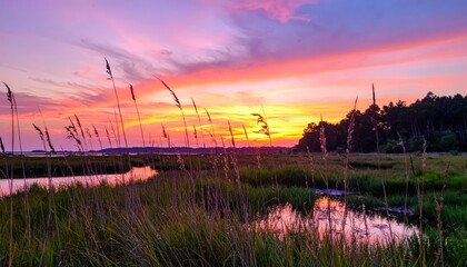 Dramatic sunset sky with colorful clouds over salt marsh landscape with winding river and tall grass. Nature concept