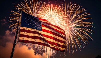 American flag waving proudly against a night sky filled with colorful exploding fireworks during celebration. Patriotic concept