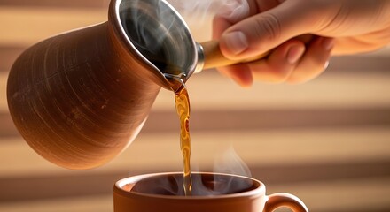 Pouring hot traditional turkish coffee from an cezve into a small clay cup with steam rising