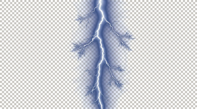 Powerful Blue Lightning Bolt and Electrical Discharge Strike Effect with Realistic Glowing Energy Sparks Isolated on Transparent Background.
