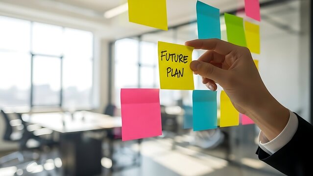 Hand placing a yellow sticky note with future plan text on a glass wall in a modern office environment