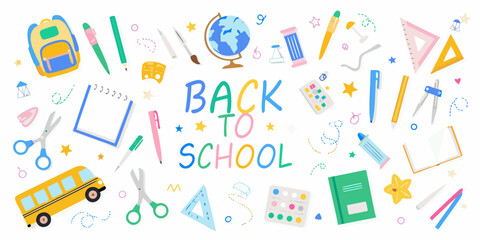 Back to school supplies illustration with backpack globe and stationery items © Bibhas