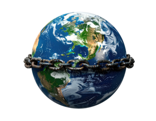 Globe Earth encircled by rusty, heavy chains against a black backdrop