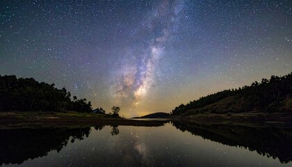 Breathtaking view of Milky Way galaxy stars reflecting on calm lake water surrounded by forest silhouette. Nature concept