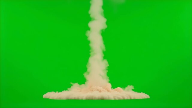 Dynamic nuclear explosion with towering mushroom cloud against green screen for VFX compositing
