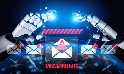 This image depicts a futuristic scene of robot hands reaching towards a warning sign, emphasizing cybersecurity themes in a digital landscape filled with email icons and data. Gantry